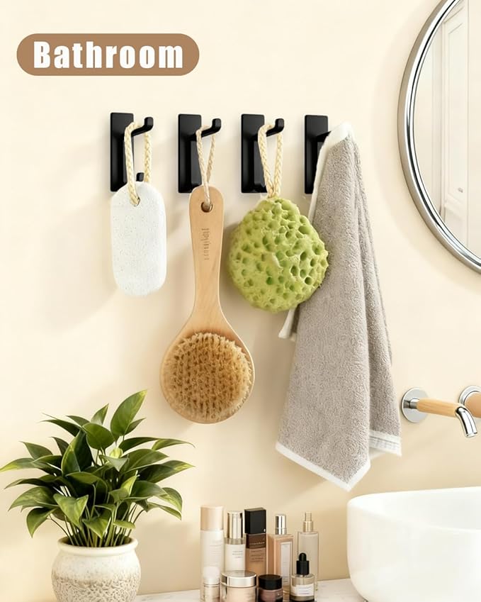 Self Adhesive Wall Hooks, 6 Pack Coat Hooks Wall Mount Heavy Duty Stainless, Double Extra Stick On Towel Hook for Bedroom Kitchen, Over The Door Hook for Hanging Key Hat Backpack (Black)