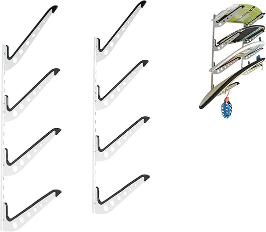 サーフボード、ウェイクボード、スノーボード収納用ウォールマウント4本掛けサーフラック 調節可能なウォールハンガー ボードディスプレイ ホワイト