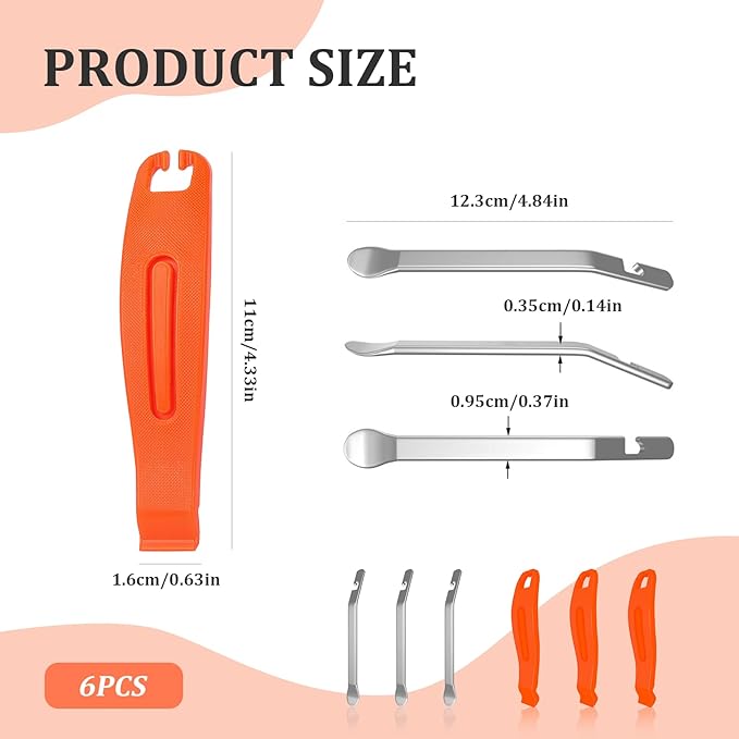 6Pcs Bike Tire Levers, Tire Removal Tool for Road or Mountain Bike Tires, Stainless Steel Levers to Repair Bike Tube