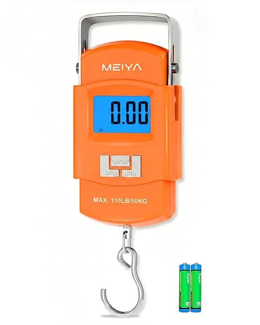 MEIYA 魚用デジタルはかり 50kg/110lb バックライト付きLCD ポータブルハンドル ステンレスフック 単4電池2本付属 – 男性への釣りギフトに最適、オレンジ