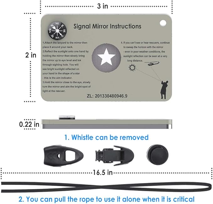 Signal Mirror Survival Tools, Military Grade Hiking Camping Mirror 2 x 3 inch with Small Compass and Whistle for Outdoor Adventure Emergency SOS Mirror