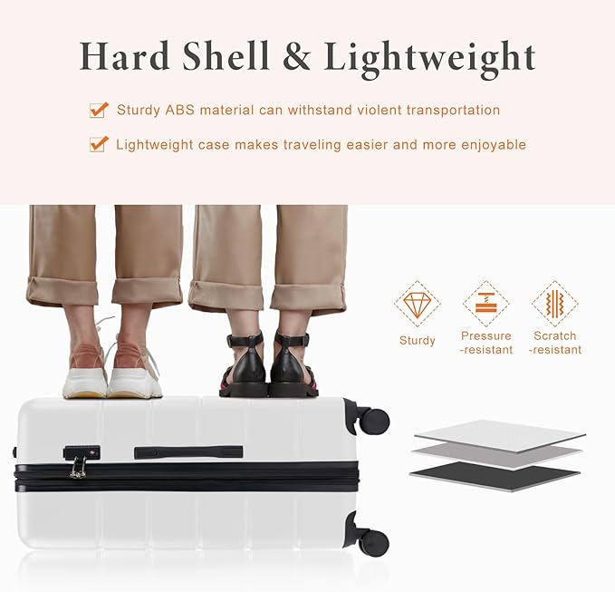 Sweetcrispy 25IN Carry on Luggage, Expandable Hard Shell ABS Suitcase with 360° Swivel Wheels, TSA Lock, Lightweight, Cream White