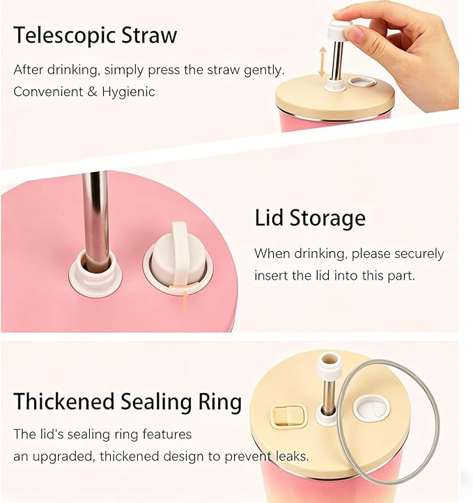 TYESO Stainless Steel Coffee Bottle, 20oz Wide Mouth Travel Coffee Cup with Straw, Vacuum Insulated Stainless Steel Tumbler, Hot & Cold Thermal Mug for Home Office Outdoor, Pink