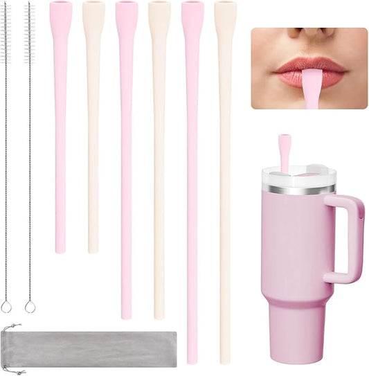 6 Pcs Anti Wrinkle Straw, Flat Wide Drinking Straw Compatible with Stanley 40 oz & 30 oz, Reusable Flexible Wrinkle Long Drinking Straws with Cleaner Brush, Perfect for Lip Filler