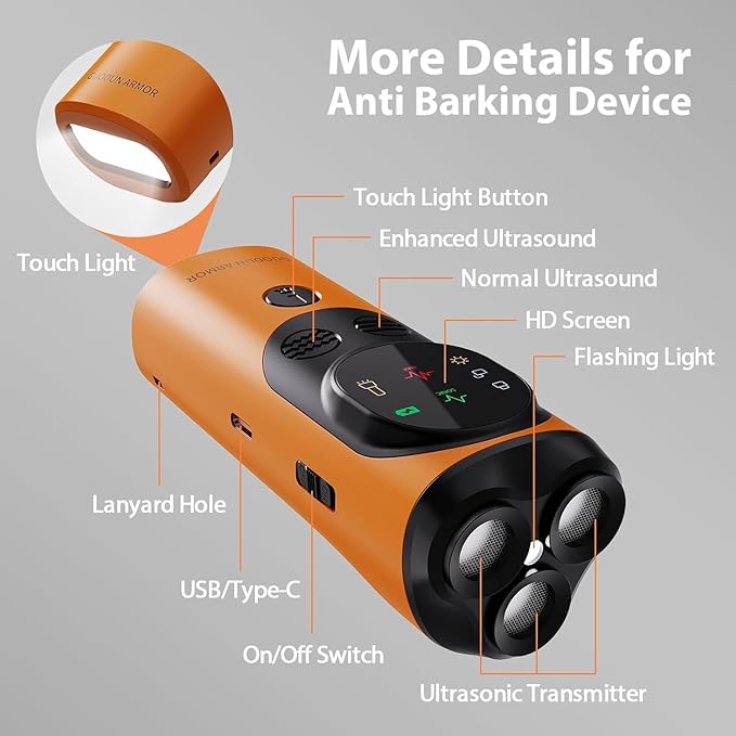 Anti Barking Device for Dogs, 3X Ultrasonic Dog Bark Deterrent Device with Training Modes Stop Neighbors Dog Barks, Portable Dog Training Tool with Flashlight Indoor Outdoor Use, Orange, Black