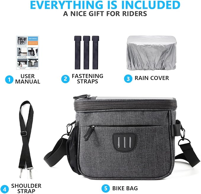 Bike Handlebar Bag with Rain Cover, Shoulder Strap, Bike Basket Front with Phone Holder 6.8", Road Mountain Bicycle Pouch for Kids Men Women
