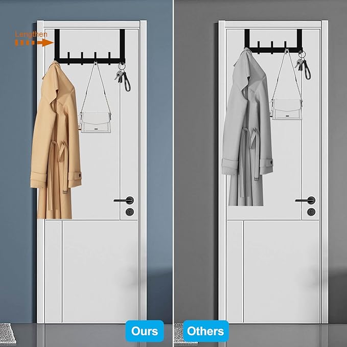 Over The Door Hooks, Sturdy Door Hanger, Large Over The Door Towel Rack with 12 Hooks, Heavy Duty Easy to Install, for Bathroom, Bedroom，Kitchen，Hanging Towels, Coats (Black).