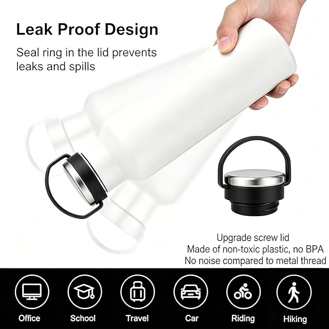 TYESO Stainless Steel Vacuum Insulated Water Bottle, Insulated Water Bottle with Soft Silicone Carry Handle (WHITE, 25 OZ)