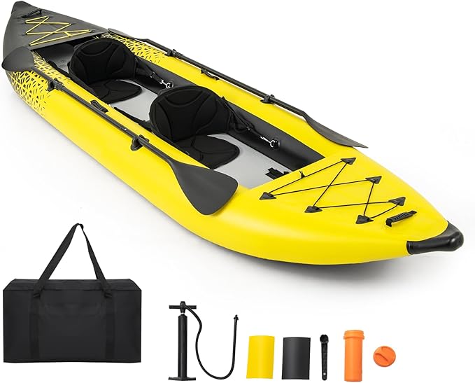 GYMAX Inflatable Kayak, 12.5Ft 507lbs Tandem Kayak with 2 Aluminum Paddles, 2 Padded Seats, Footrests, 2 Fins, Hand Pump, Carry Bag & Repair Kit, 2 Person Fishing Touring Kayak for Adults