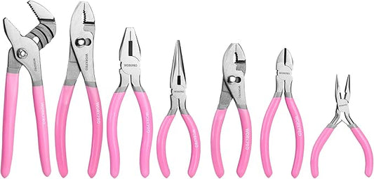 WORKPRO 7-piece Pliers Set with Groove Joint, Long Nose, Slip Joint, Linesman, and Diagonal Pliers for DIY & Home Use - Pink Ribbon
