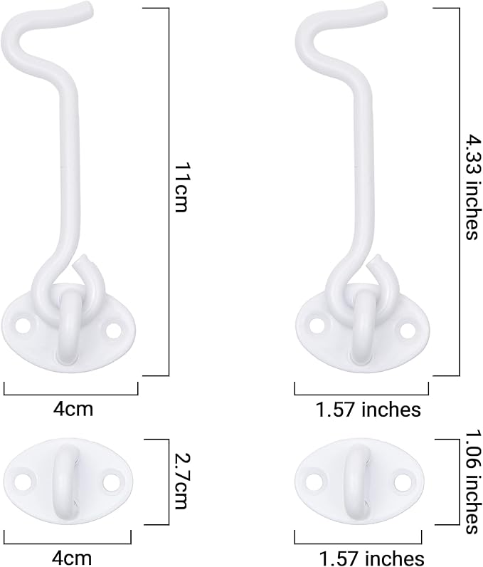 Eco-Fused 4-inch Heavy Duty Hook and Eye Latch - 2X Barn Door Lock (White), 8X Mounting Screws - Powder Coated Stainless Steel Hooks for Door, Windows, Sheds, Fences, Gates, Closets, Cabinets