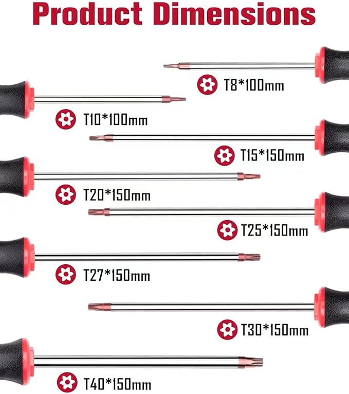 ROTATION 8個マグネットチップトルクスドライバーセット、8トルクス星型ドライバー、T8、T10、T15、T20、T25、T27、T30、T40赤チップ | レッド、光沢、S2鋼