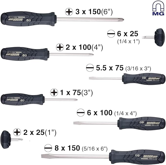 VESSEL ARMOR GRIP Screwdriver 8PC. Set (JISDRIVE) No.550A8PTU (Previous)