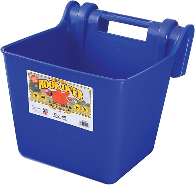 Little Giant® Plastic Hook Over Feeder | Mountable Livestock & Pet Feed Bucket | Horse Feed Bucket | Made in USA | 15 Quarts | Blue