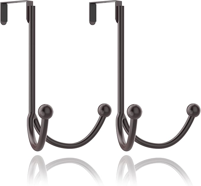 HFHOME 2Packs Over The Door Double Hanger Hooks, Metal Twin Hooks Organizer for Hanging Coats, Hats, Robes, Towels- Brown