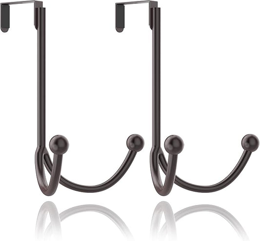 HFHOME 2Packs Over The Door Double Hanger Hooks, Metal Twin Hooks Organizer for Hanging Coats, Hats, Robes, Towels- Brown