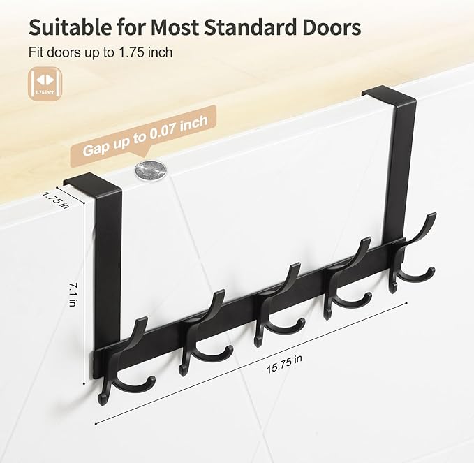 Over The Door Hooks for Hanging, Over The Door Hanger, Over The Door Towel Rack for Bathroom with 5 Triple Coat Hooks, Bathroom Towel Holder Towels Hanger (Black, 1 Pack)