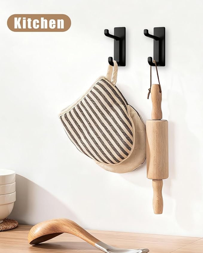 Self Adhesive Wall Hooks, 6 Pack Coat Hooks Wall Mount Heavy Duty Stainless, Double Extra Stick On Towel Hook for Bedroom Kitchen, Over The Door Hook for Hanging Key Hat Backpack (Black)