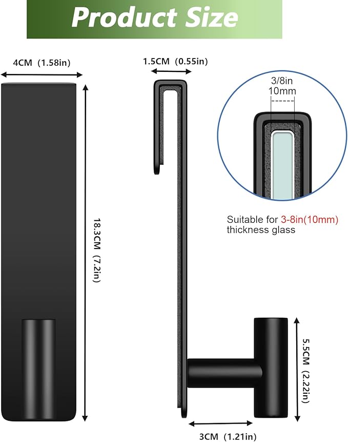 Shower Door Hooks, Heavy Duty Rack Hooks for Robe, Stainless Steel Towel Hooks for Bathroom, Fits Frameless Glass Shower Doors up to 3/8" (10mm) Thick (Black, 2 Pack)