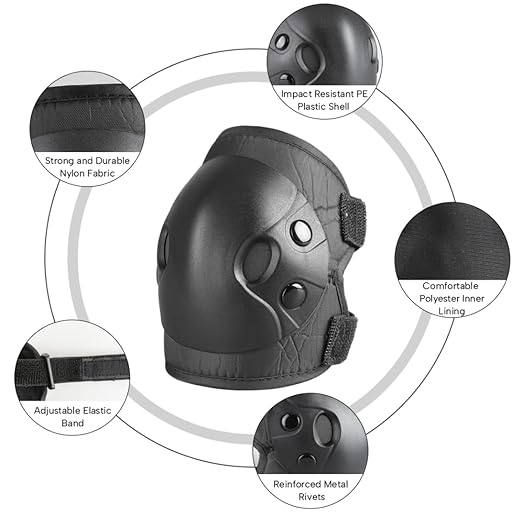 Cockchafer Kids and Youth Knee Elbow Wrist Guards Protective Gear Set for Skateboarding, Roller Skating, Inline Skating, Scooter Riding, BMX Biking (Black, Medium)