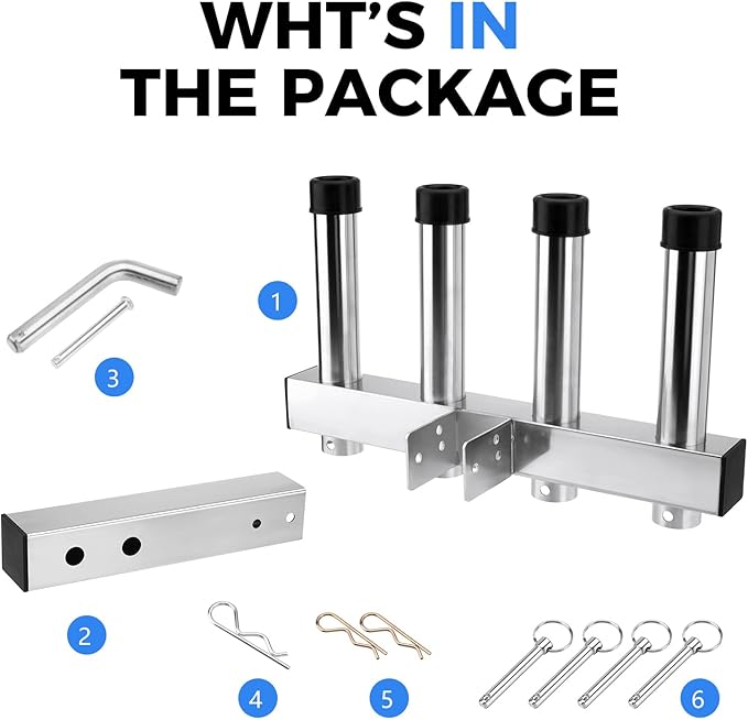 SPARKWHIZ Hitch Fishing Rod Holder, Stainless Steel Hitch Mount Rod Holder, 4 Link Tube for 2" Hitch Receivers with Quick Release Pin,Truck Adjustment Fishing Rod Rack, Fishing Pole Holder