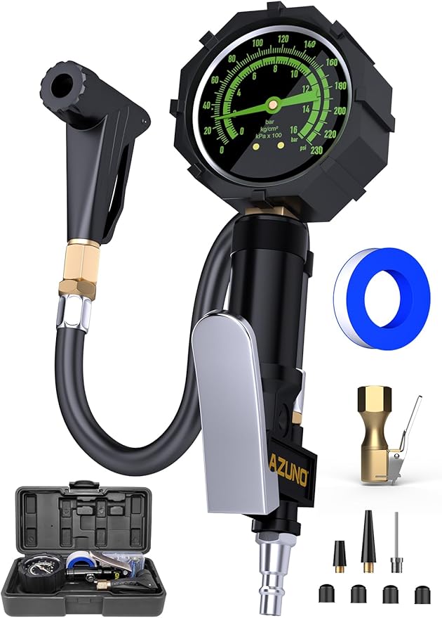 AZUNO Bike Tire Inflator with Pressure Gauge, New Upgrade Presta Valve Adapter for Air Compressor, Presta Valve Air Chuck, Universal Presta and Schrader Air Compressor Tool, with Storage Box