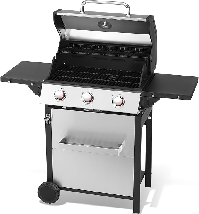 3-Burner Propane Gas Grill, 30,000 BTU Outdoor BBQ Grill with Double-Layer Stainless Lid & Cast Iron Grates, Easy-Clean System for Even Heat, Foldable Side Shelves