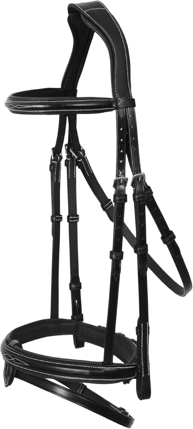 Exion Anatomical Snaffle Jumping Bridle for Horses with Removable Flash Noseband & Rubber Reins – Premium Vegetable-Tanned Leather, SS Buckles, Padded MonoCrown, Designer Stitching
