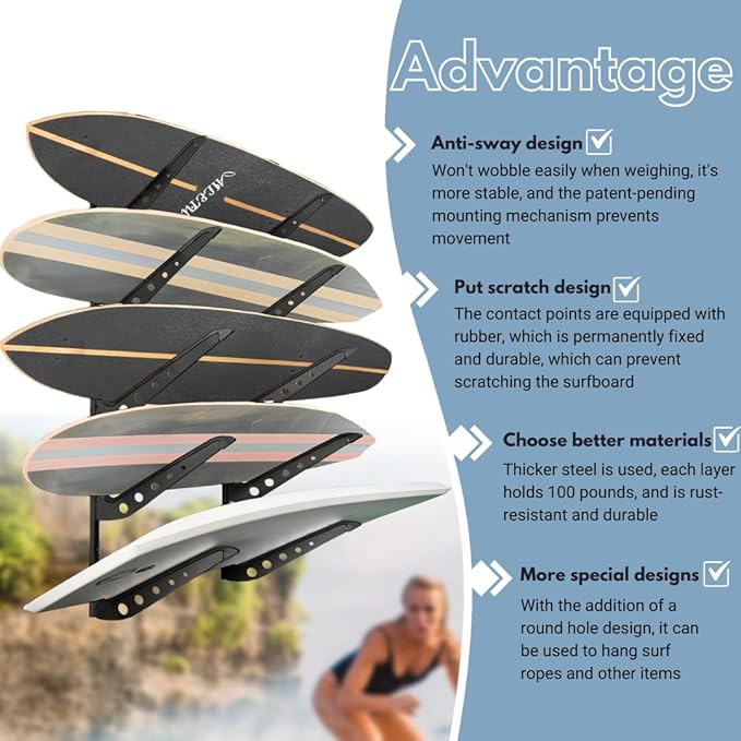ShouRong Snowboard Wall Mount, Adjustable 5/6 Board Surfboard Rack, Surfboard Wall Hangers for Surfboard, Wakeboard, and Snowboard Storage at Home or Garage