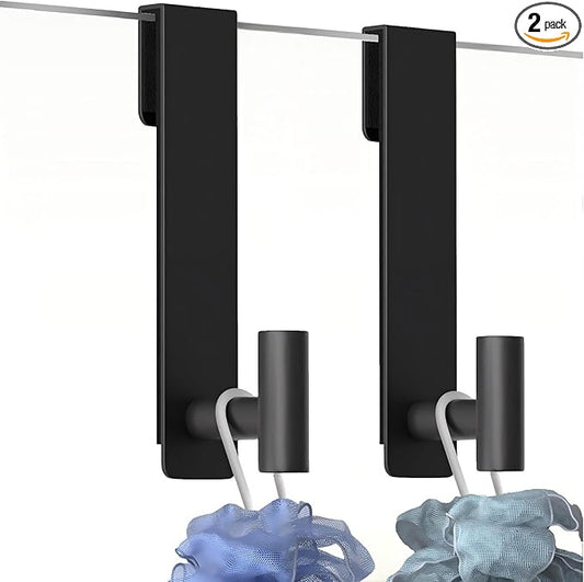 Shower Door Hooks, Heavy Duty Rack Hooks for Robe, Stainless Steel Towel Hooks for Bathroom, Fits Frameless Glass Shower Doors up to 3/8" (10mm) Thick (Black, 2 Pack)
