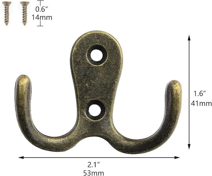 2 Pcs Double Prong Robe Hooks, Dual Coat Hooks Wall Mounted Hanging Clothes for Bathroom Bedroom Door Wall Retro Metal Cloth Hanger Double Coat Hooks with 4 Screws (Vintage)