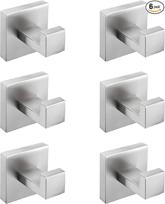 Nolimas Towel Hook Stainless Steel Bathroom Rustproof Clothes Towel Coat Hook Wall Mounted Square Toilet Kitchen, Heavy Duty Door Hanger, 6 Pack, Brushed Nickel
