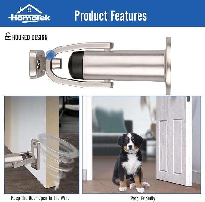 HOMOTEK Heavy Duty Latch Hook Stop Windproof,Door Holder Stopper with Sound Dampening Rubber Bumper Wall Mounted, Brushed Satin Nickel, 1 Pack