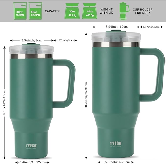 TYESO Vacuum Insulated Tumbler Water Bottle Cold Insulation Stainless Steel Bottle Straw Handle Mug Double Wall Wide Mouth (DARK GREEN, 40 oz)