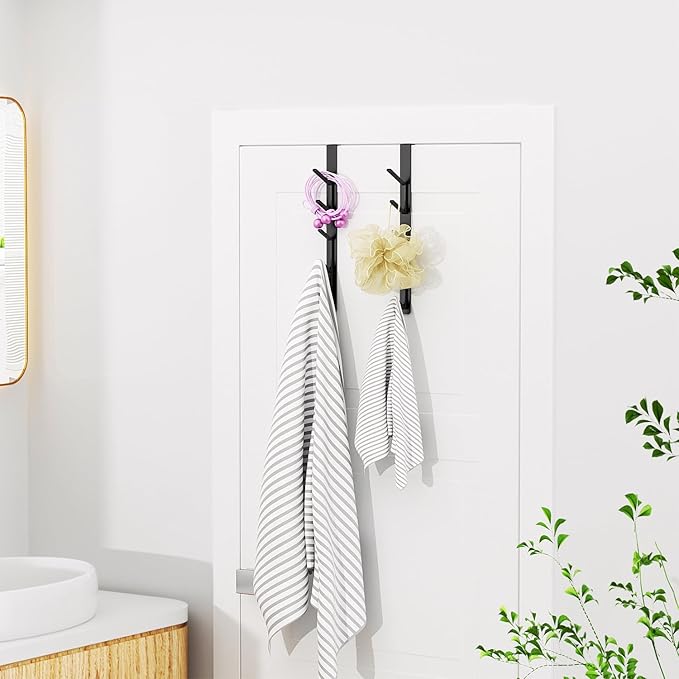 niffgaff 10 Hook Over The Door Hooks, Vertical Over The Door Towel Hook, Over Door Hook, Over The Door Hanger, for Towel and Clothes Hangers, Black, 2 Pack, 12.2"，for 1.7'' Door