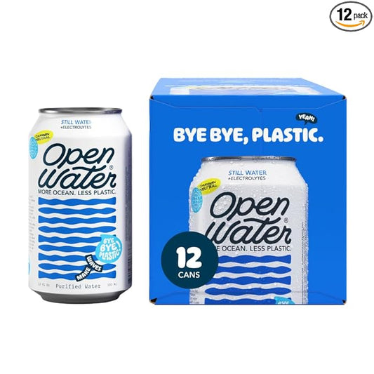 Open Water スティル 12oz缶 (1ケース、12缶) - 環境に配慮したアルミ缶入りミネラルウォーター（電解質入り） - 7.0 pHバランス、BPAフリー、超高純度水