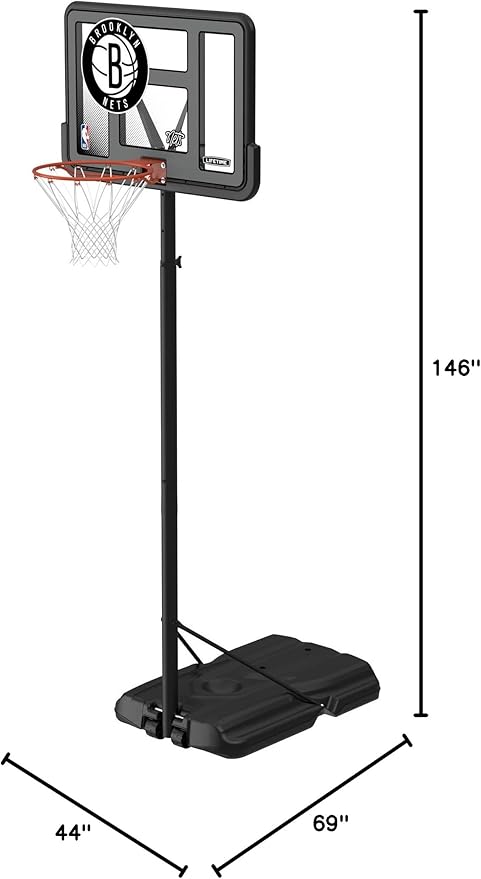 Lifetime NBA Brooklyn Nets Portable Basketball Hoop, Adjustable Height 7.5-10 Ft, 44 Inch Shatterproof Fusion Backboard, Base with Wheels