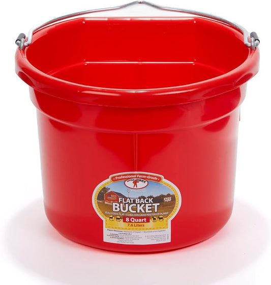 Little Giant® Flat Back Plastic Animal Feed Bucket | Animal Feed Bucket with Metal Handle | Horse Stall Feeding and Watering Supplies (Red, 8 Quart)