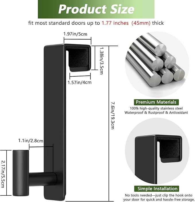 Heavy Duty Stainless Steel Over-Door Hook for Coats, Totes, Towels – Easy Install Door Hooks with Non-Slip Pads for Bedroom Bathroom Entryway Office (Black, 2 Pack, Fits 1-3/4" Thick Door)