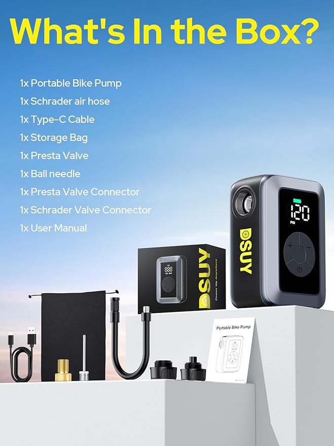 Mini Bike Tire Pump, 120PSI Portable Electric Bicycle Air Pump with Digital Gauge & Auto-Stop, 20s Faster Inflation for Road Bike, Mountain Bike, E-Bike – Presta/Schrader Valve Compatible