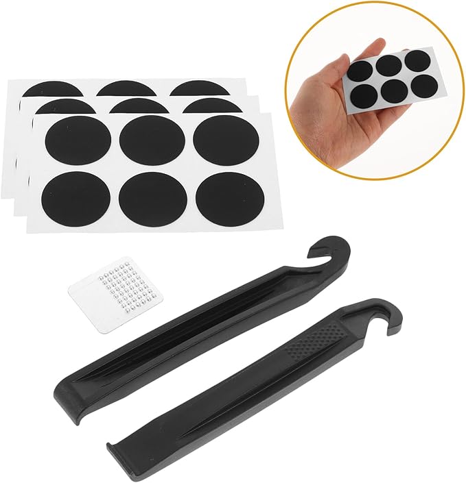 Bicycle Tire Repair Kit with 18 Self-Adhesive Patches, 2 Heavy-Duty Tire Levers and 1 Sandpaper Rasp, Tubeless Patch Set for Mountain Bikes and Road Cycling Maintenance