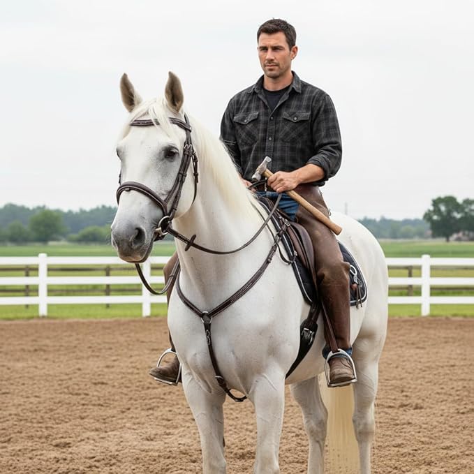 Equine Care Leather English Horse Bridle with Reins, Full Size, Choice of Browband Style, Padded Crown & Cavesson Noseband, Stainless Steel Hardware, Hunter Show Bridle.