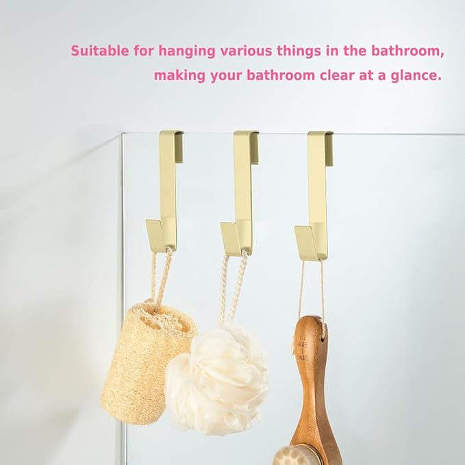 Extended Shower Hooks 6.5 in, Towel Hook, Over Glass Door Hook for Bathroom, Suits Frameless Glass Shower Door 0.39" (10 mm) Stainless Steel Gold, 3 Pack