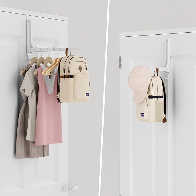 BAKON Over The Door Hangers, Over Door Hooks for Hanging, Small Space Dual Folding Portable Over Door Clothes Hanger for Clothes, Hats, Bags and Towels. (2, White(Update))