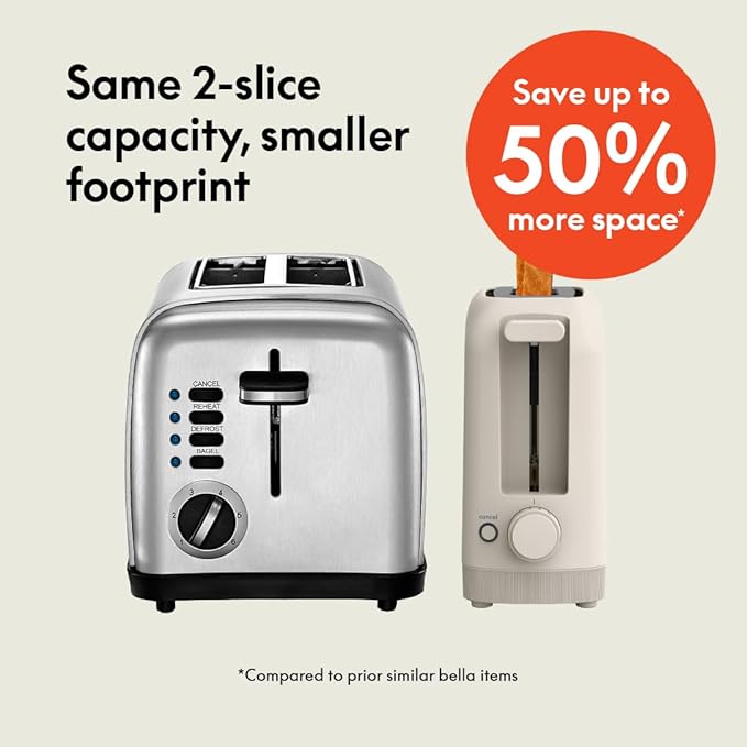 bella 2スライス スリムトースター、どんな場所にもフィットするキッチン用品、再加熱・取り消しボタン付き6段階焼き色調節、サワードウも焼ける10インチロングスロット、パン詰まり防止・自動電源オフ、900ワット、オートミール色