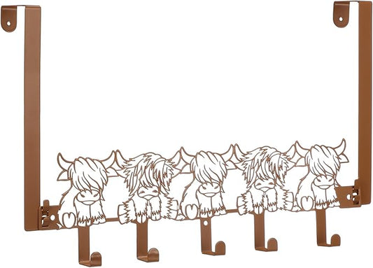 Highland Cow Over The Door Hooks Hanger Wall Mount Towel Hanger Door Holder Organizer 5 Hooks Kawaii Farmhouse Rustic Coquettish Style Decor for Bedroom Bathroom Towel Hat Clothes