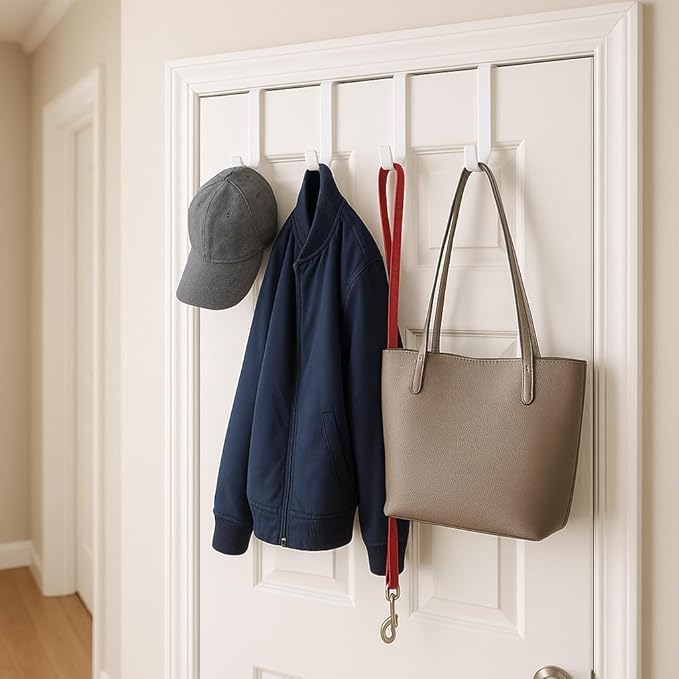Dependable Industries inc. Essentials Over The Door Hooks – 4 Pack White Plastic Door Hangers for Towels, Clothes, Coats – 4.5" Closet Hooks Fit Up to 1.5" Doors – Bedroom, Bathroom, Dorm, Entryway