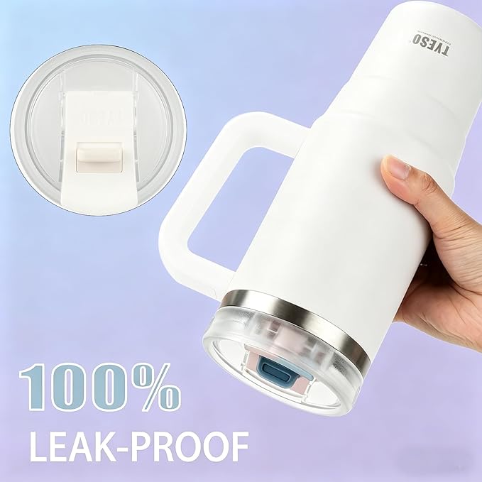 TYESO Vacuum Insulated Tumbler Water Bottle Cold Insulation Stainless Steel Bottle Straw Handle Mug Double Wall Wide Mouth (White, 40 oz)