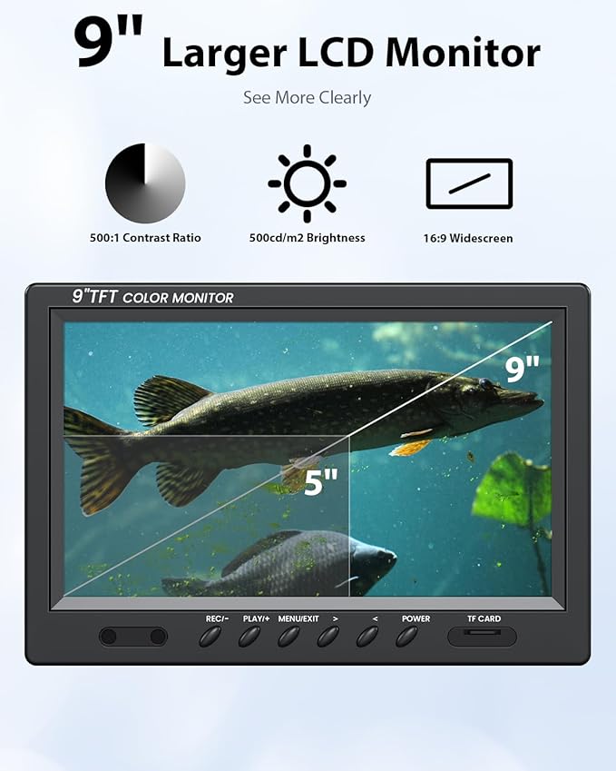 Eyoyo 水中釣りカメラ ポータブルビデオ魚群探知機 9インチ液晶モニター 1000TVL 防水カメラ 水中DVRビデオフィッシュカム 30mケーブル 12個のIR赤外線ライト アイスフィッシング、ボートフィッシング、湖での釣りに対応