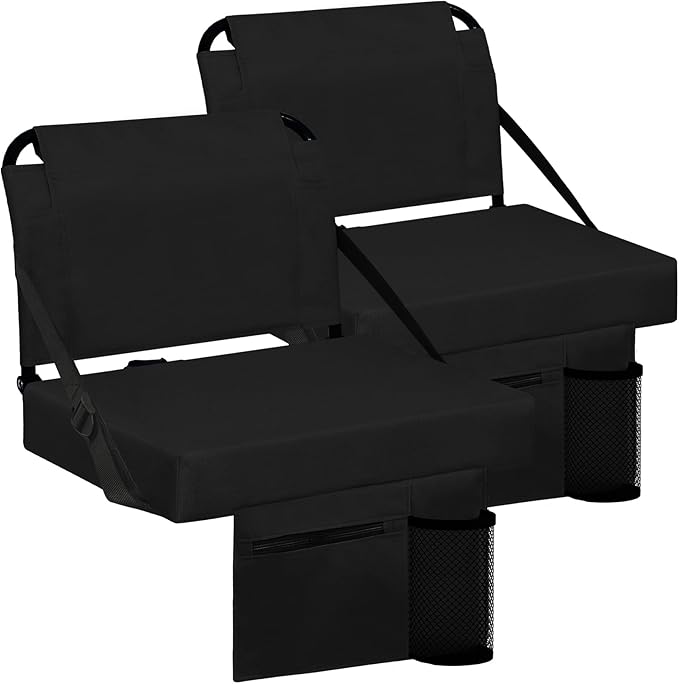 Stadium Seats for Bleachers 2 Pack w/Back Support Bleacher Seat Soft Cushion Light Weight Includes Shoulder Strap & Cup Holder, Front & Back Zipper Pocket, Suitable for Sports Events,Black
